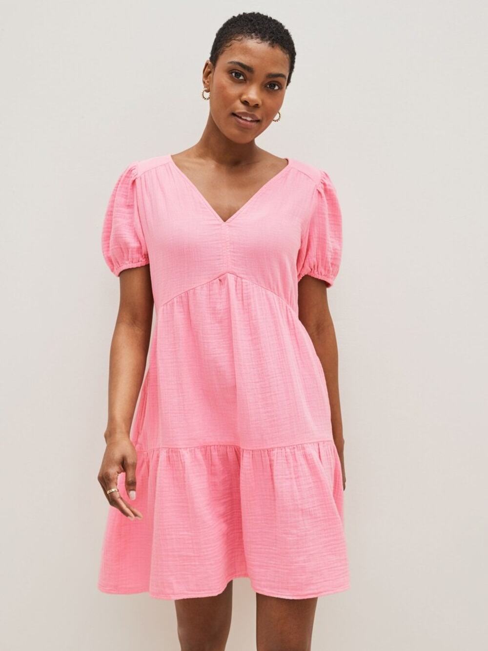 Gap Pink Crinkle Gauze Puff Sleeve V-neck Tiered Mini Dress Size XS